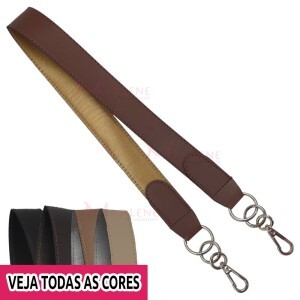 Alça em couro sintético 75cm com mosquetão forrada em cetim e costurada