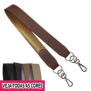 Alça em couro sintético 64cm com mosquetão forrada em cetim e costurada