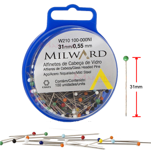 Alfinete cabeça de vidro Milward com 100 unidades