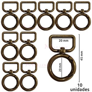Mosquetão com argola articulada 20mm ouro velho com 10 unidades